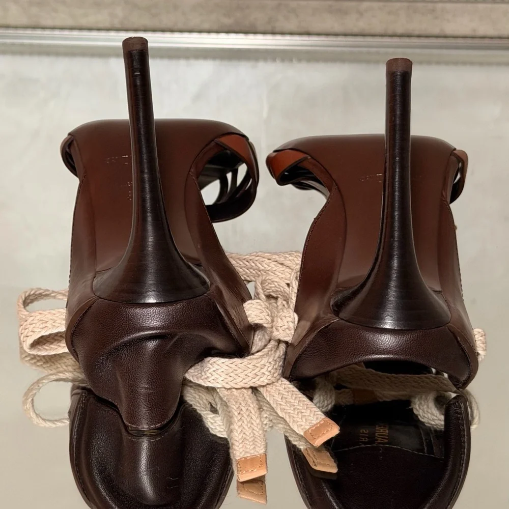 Saint Laurent Brown Leather High Heel Sandals with Cream Rope Trim - Picture 8 of 10